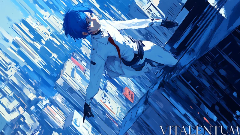 Skyline skater in white carves through electric blue city