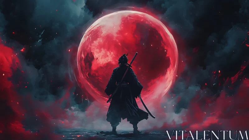 Lone night warrior beneath a blazing crimson moonscape.