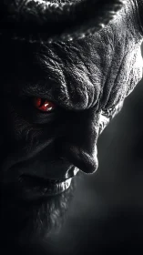 Horned demonic profile with textured skin in shadow.