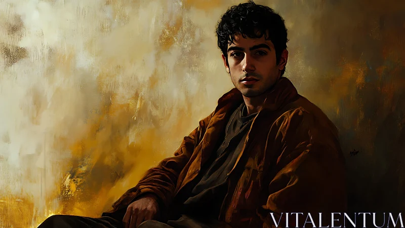 Seated man in brown jacket looks toward viewer calmly