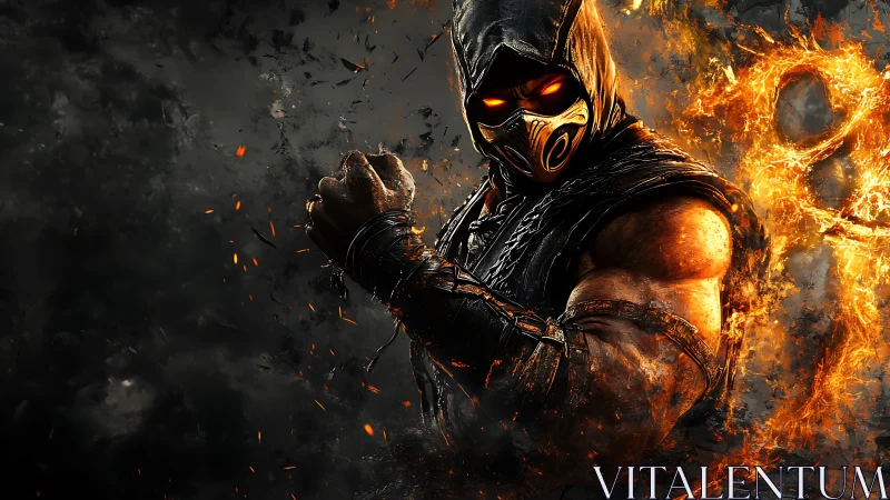 Hooded warrior with fiery eyes in dark inferno scene.