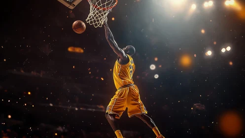 Soaring basketball player glides toward a powerful slam dunk