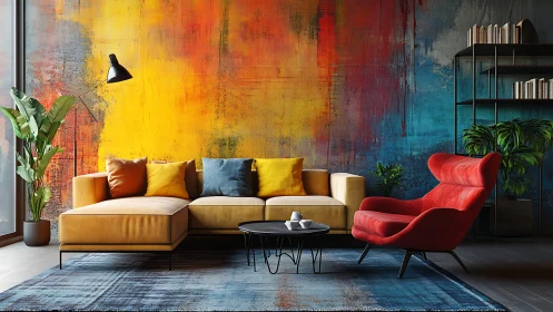 Modern living room with bold abstract wall mural and seating.