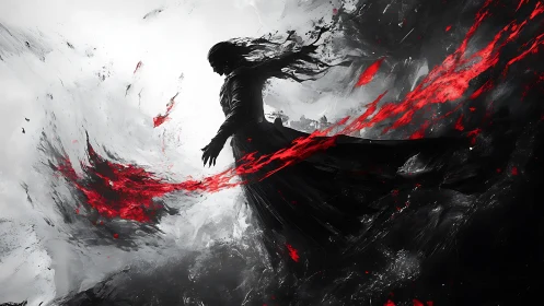 Crimson vortex engulfing silhouetted figure in motion.