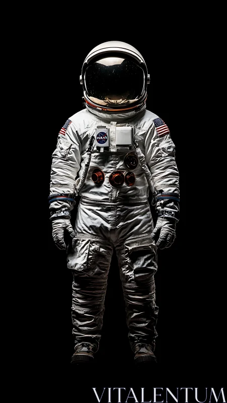 Astronaut stands isolated in full NASA suit against black void