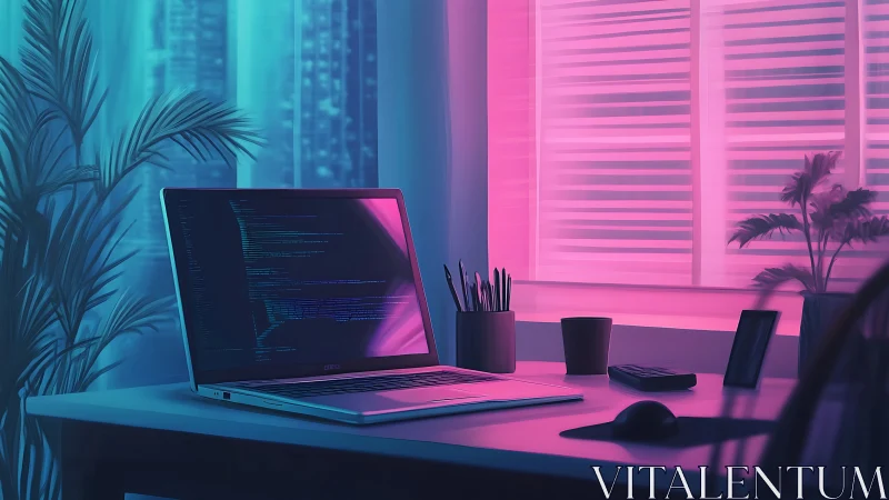 Neon-lit developer workspace merges cyberpunk tones and clean UX design