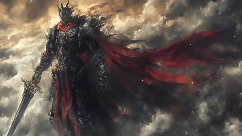 Armored figure with sword and red cloak above clouds.