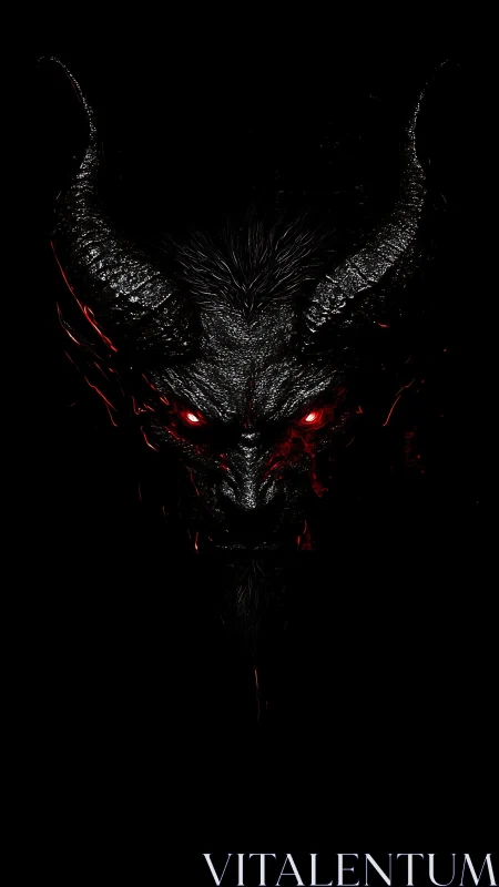 Demonic horned entity portrait with glowing red eyes, black void