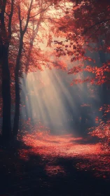 Autumn's Golden Path Through Misty Red Woods