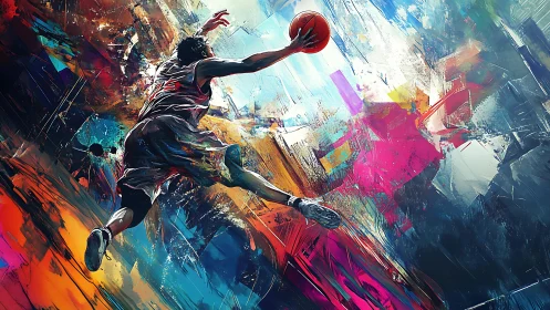 Kinetic basketball dunk amid vectorized chromatic turbulence.