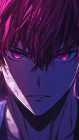 Stoic anime fighter under neon magenta rim light portrait.