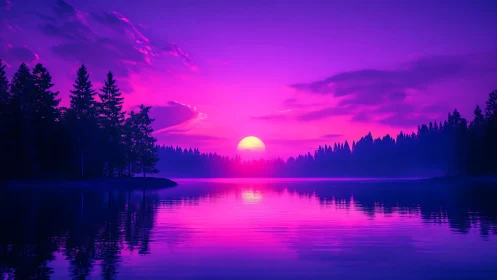 Neon violet sunset over tranquil pine forest lake horizon.
