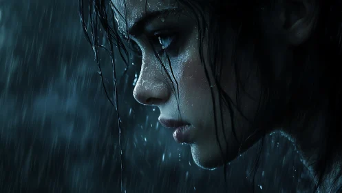Side-profile young woman stands in heavy rain at night