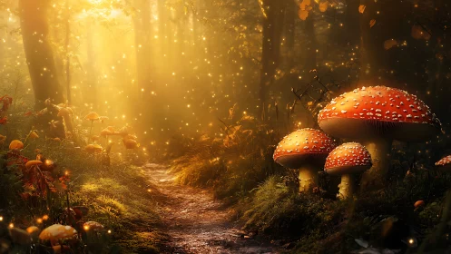 Enchanted forest path with glowing spores and fly agaric.
