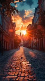 Cobblestone alley under volumetric sunset illumination study.