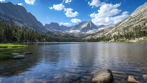 Glacial lake foreground reflects granite peaks under cumulus sky