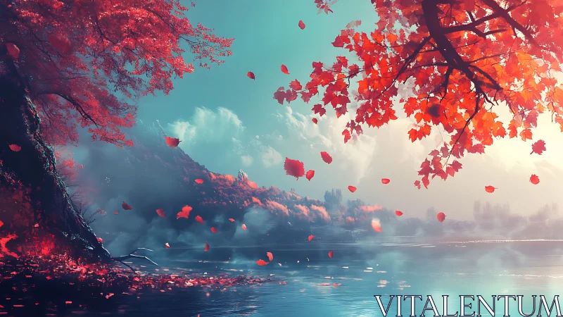 Crimson autumn canopy frames a misty cyan lakescape