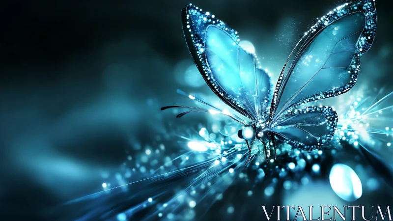 Luminescent blue butterfly rendered in digital abstraction.