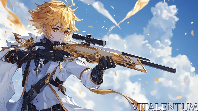 Golden haired anime sniper aiming ornate rifle skyward