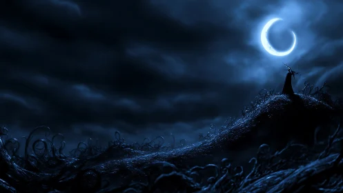 Crescent moon illuminates lone cloaked figure on twisted ridge