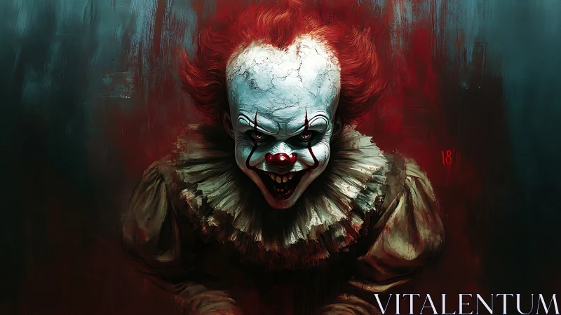 Distressed clown portrait with cracked mask and saturated red lighting