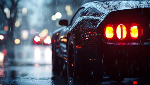 Muscle car taillights glow through rainy night traffic scene.