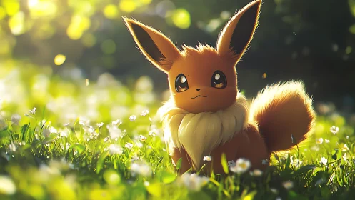 Backlit foxlike creature in shallow-depth meadow lighting.