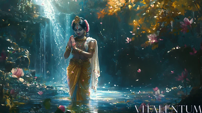 Divine figure in lotus pool under cascading forest waterfall.