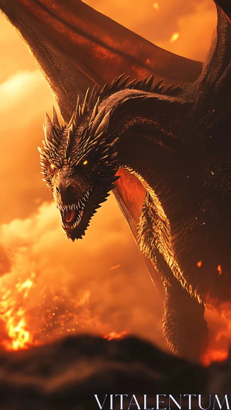 Inferno-winged dragon roaring through molten dusk skies.
