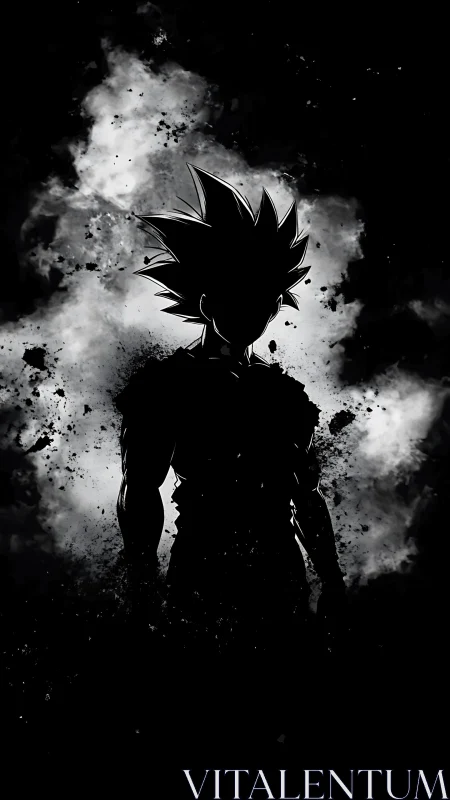 Shadow warrior silhouette amid explosive ink clouds.