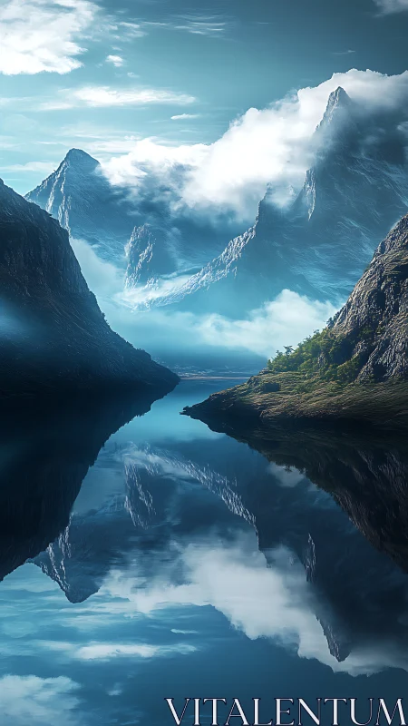 Mystic mountain valley wrapped in drifting blue clouds.