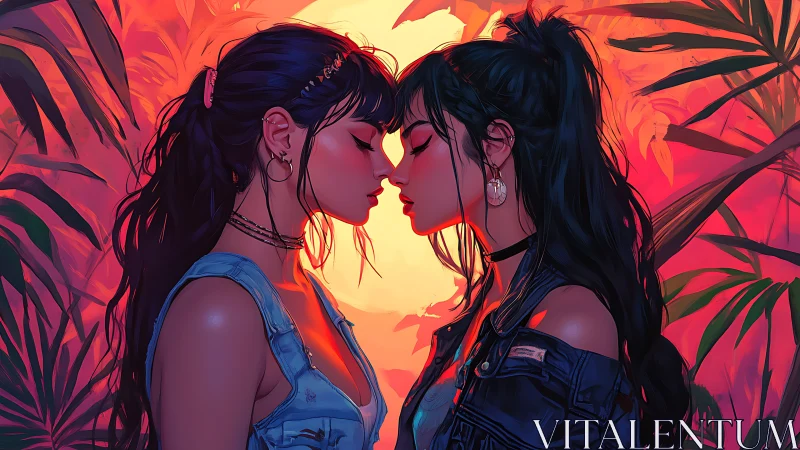 Two women in profile with tropical foliage at sunset.