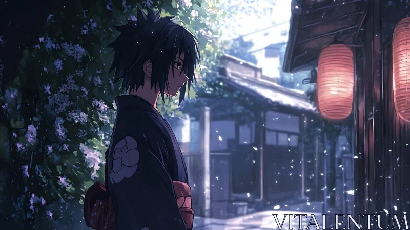 Solitary youth in yukata under lanterns at dusk.