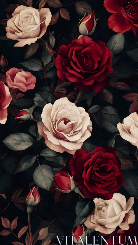 Deep crimson and blush roses bloom against darkness.