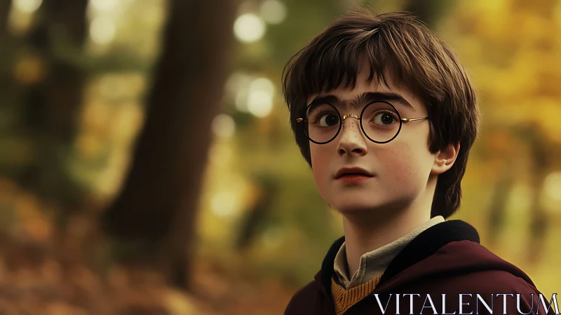 Wide eyed boy in autumn forest glow, wrapped in quiet wonder.