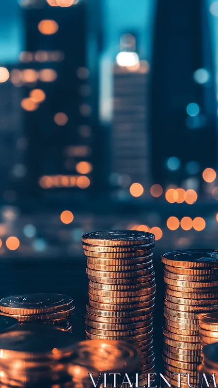Gold coin stacks glow against blurred city skyline at night.