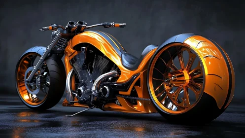 Low-slung orange custom chopper with oversized rear hubless wheel