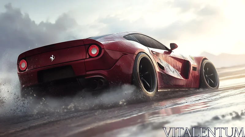 Hydrodynamic drift of red supercar under cinematic rim light