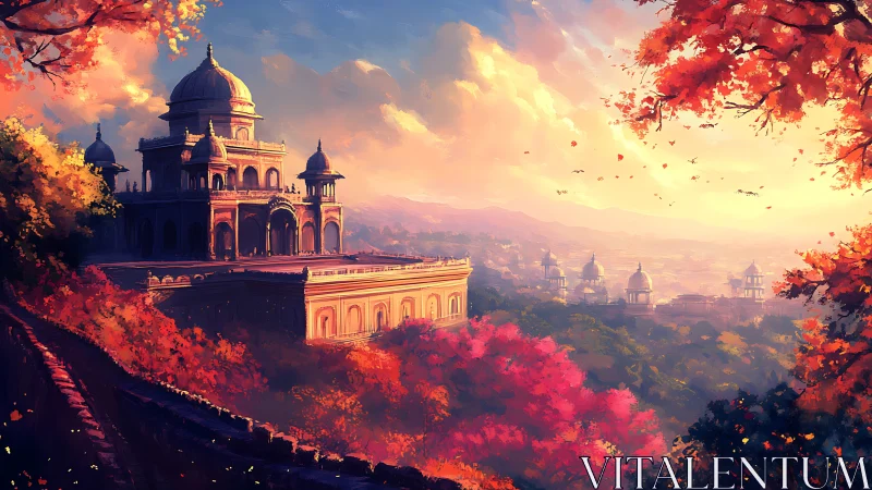 Golden domed palace glows gently above a sunlit valley