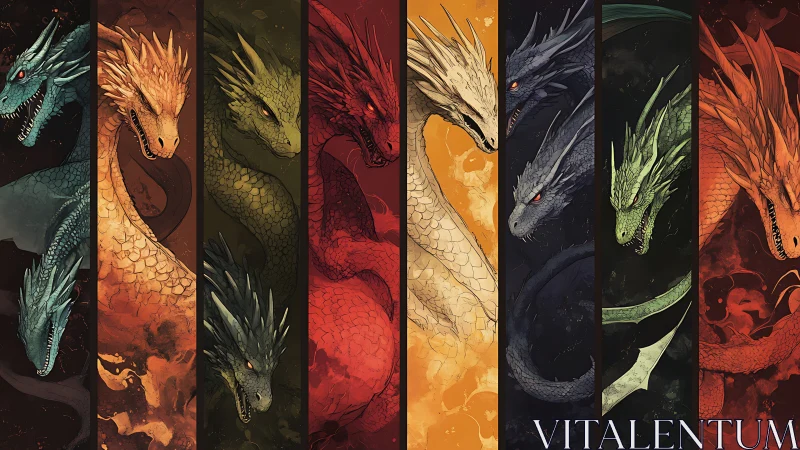 Elemental dragon portraits align in vertical color totems.
