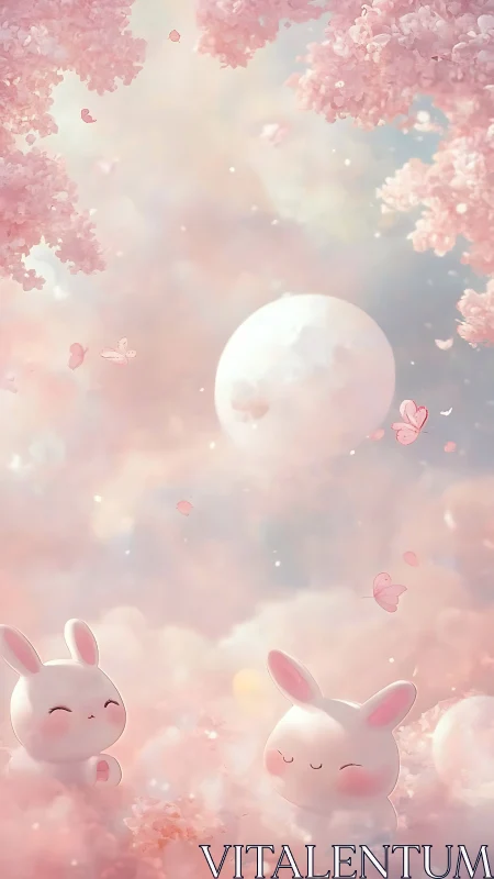 Softly lit pastel scene shows rabbits within cloudlike flora