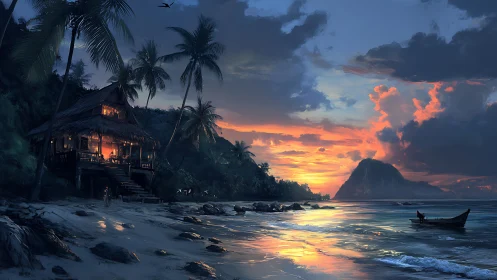 Tropical Beach Sunset with Illuminated Coastal Dwelling. Serene Ocean Landscape.