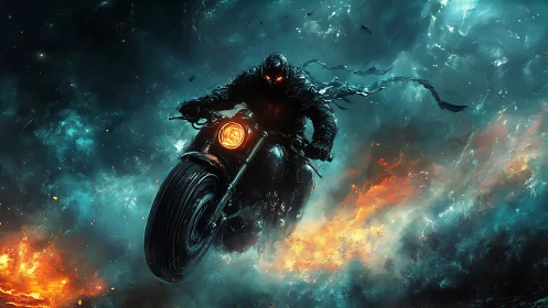 Ghostly rider drives burning motorcycle through storm