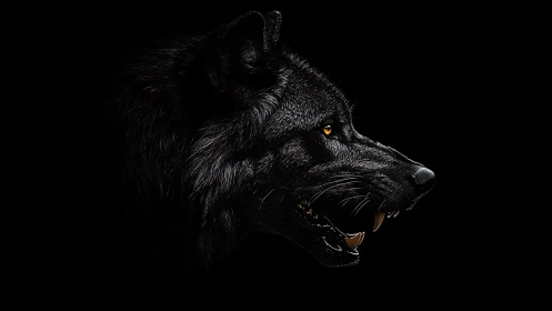 Black wolf profile is rendered against uniform black background