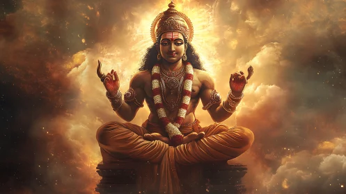 Radiant Hindu deity seated in lotus posture amid glowing clouds