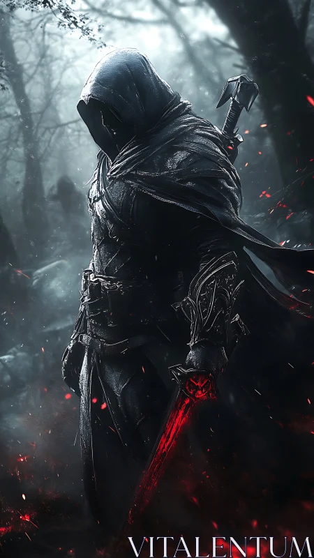 Hooded armored figure with glowing red sword in misty forest.