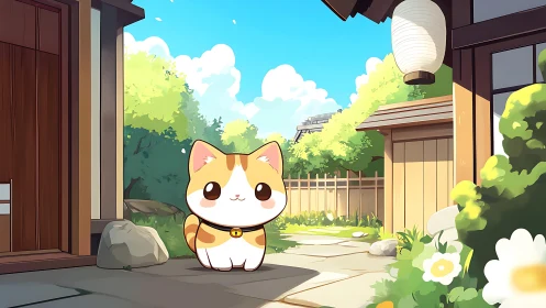 Cute calico cat awaits in sunny Japanese courtyard scene.
