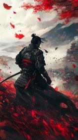 Armored warrior observes misty valley amid red foliage