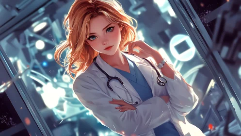 Female doctor stands in lab coat with stethoscope in clinic