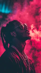 Neon-lit portrait of stylish man exhaling smoke in magenta haze.